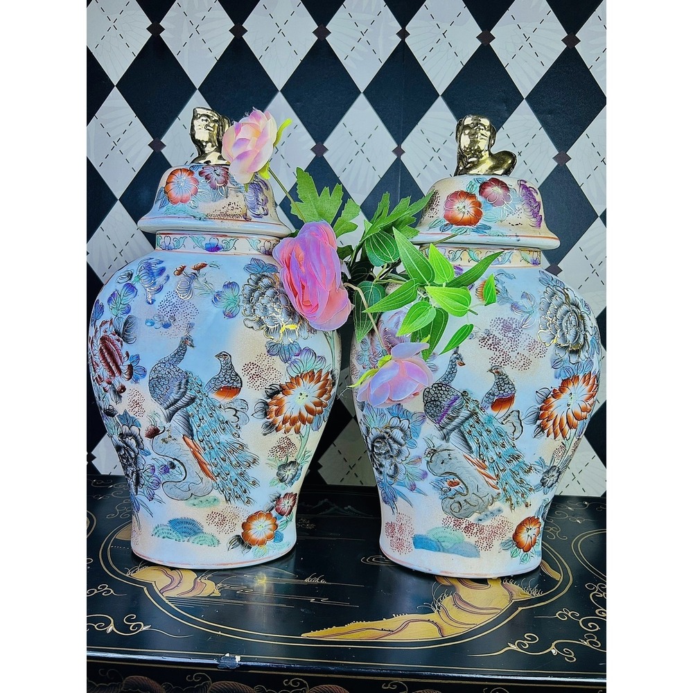 Vintage Chinoiserie Peacock Ginger Jars Gold Foo Dog Lid Pair 15.5" - Picture 6 of 17